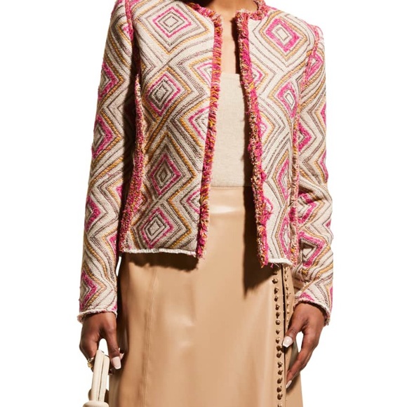 IRO Kolie Jacket Women's 42 Jacquard Geo Patterned Fringe Tweed Beige Pink - Picture 2 of 7